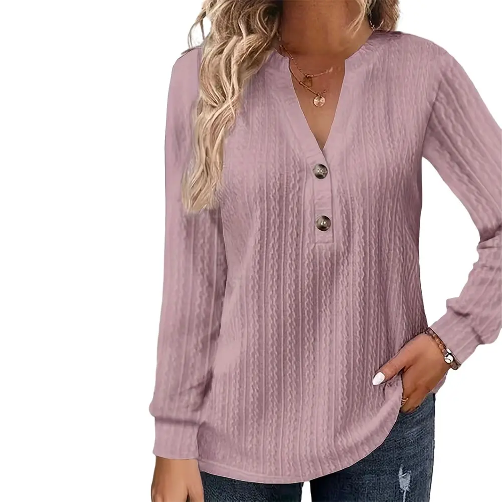 Blusa de manga larga transpirable para mujer, Jersey holgado con cuello en V, Color liso, para vacaciones, otoño