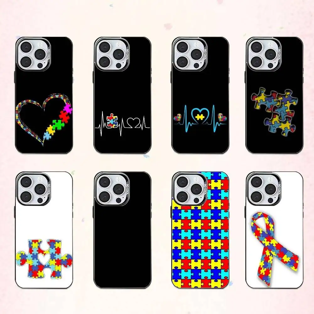 

Autism Support Puzzle Phone Case For iPhone17,16,15,14,13,12,11 Plus,Pro Max Colored Silver Plated Inside Cover