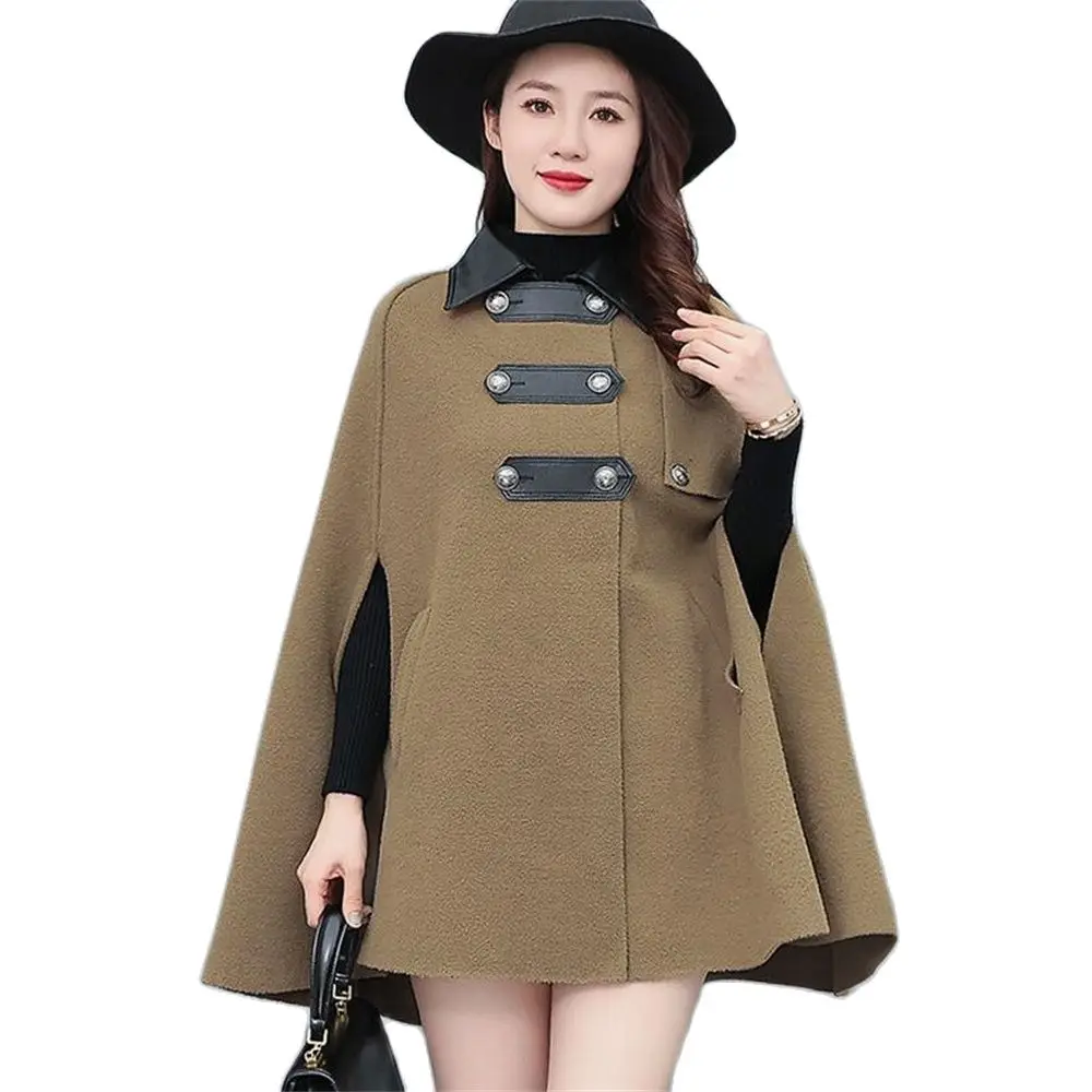 2024 Autumn Winter Cloak Shawl Cape Woolen Coats Women Splicing Woolen Overcoat Warm Outerwear Tops Solid Cape