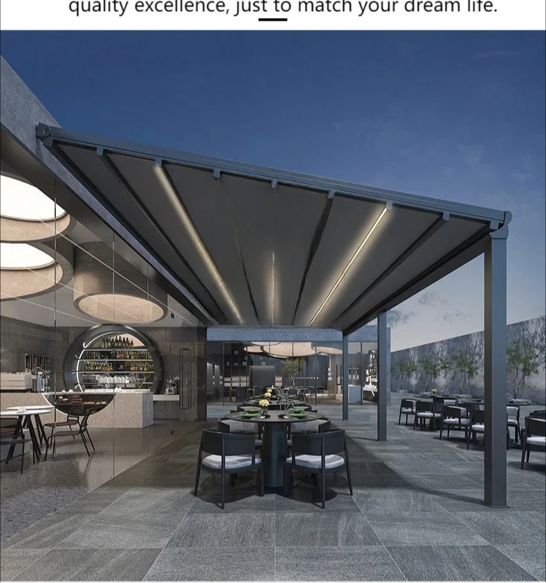 Factory Direct 2026 Folding Roof Pergola Aluminum Outdoor Waterproof Powder Coated Nature Motorized Remote Control Eco-Friendly