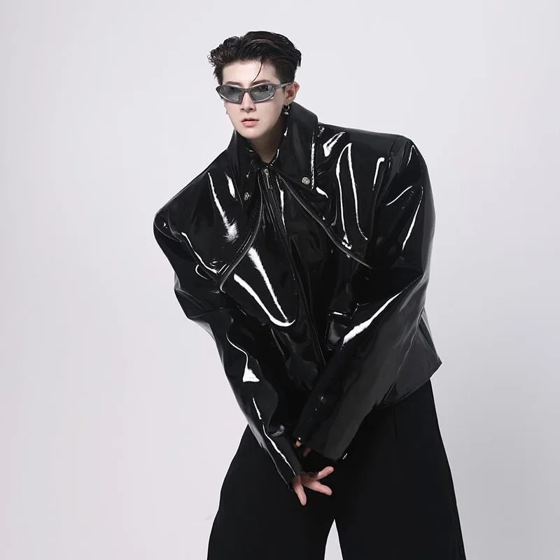 

Spring and Autumn Cool Loose Short Black Reflective Patent Artificial Leather Jacket Men's Zipper Luxury Designer Clothing