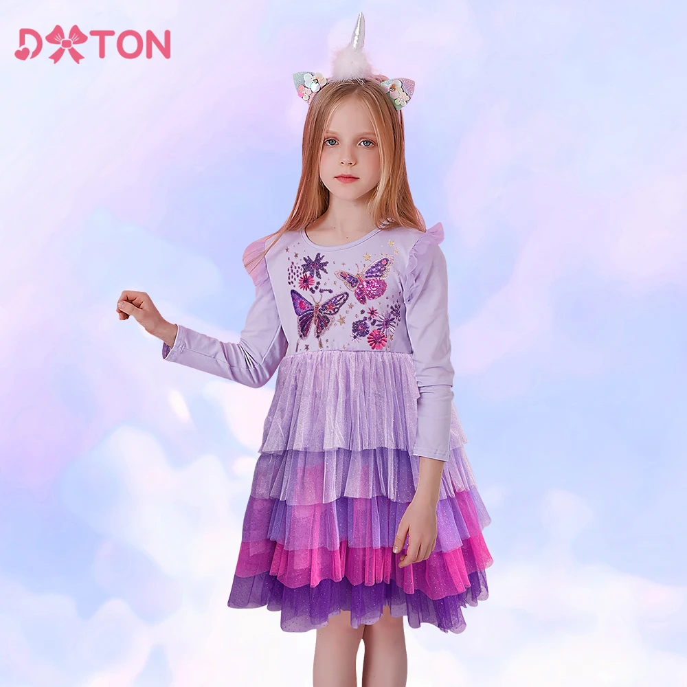 

DXTON Kids Dresses For Girls Flying Sleeve Winter Children Dresses Butterfly Sequin Princess Mesh Dress Toddler Floral Clothing