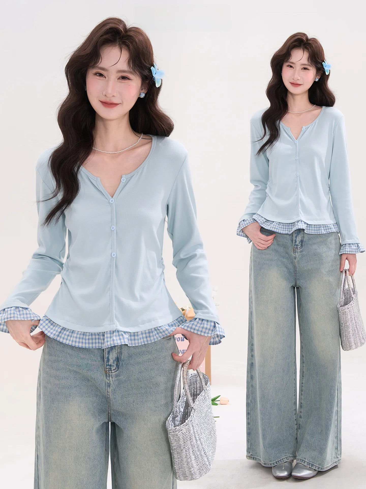 

Женская футболка Swan Lake ore T Top Long Sve Henry Collar с кружевной отделкой и пэчворком, повседневная, приталенная, из смесового хлопка
