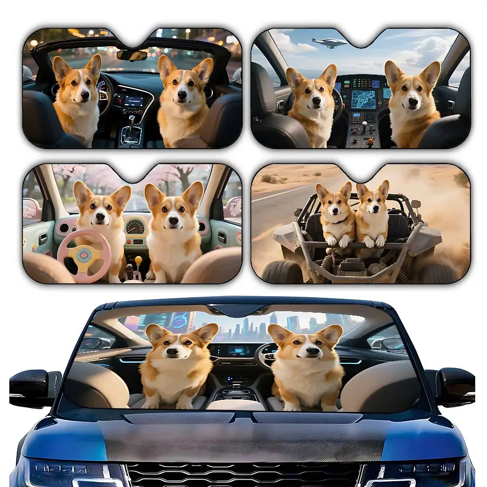 

Two Corgis Car SunShade Car Lightweight Windshield Universal Fit Folding Sun Shield Visor Covers