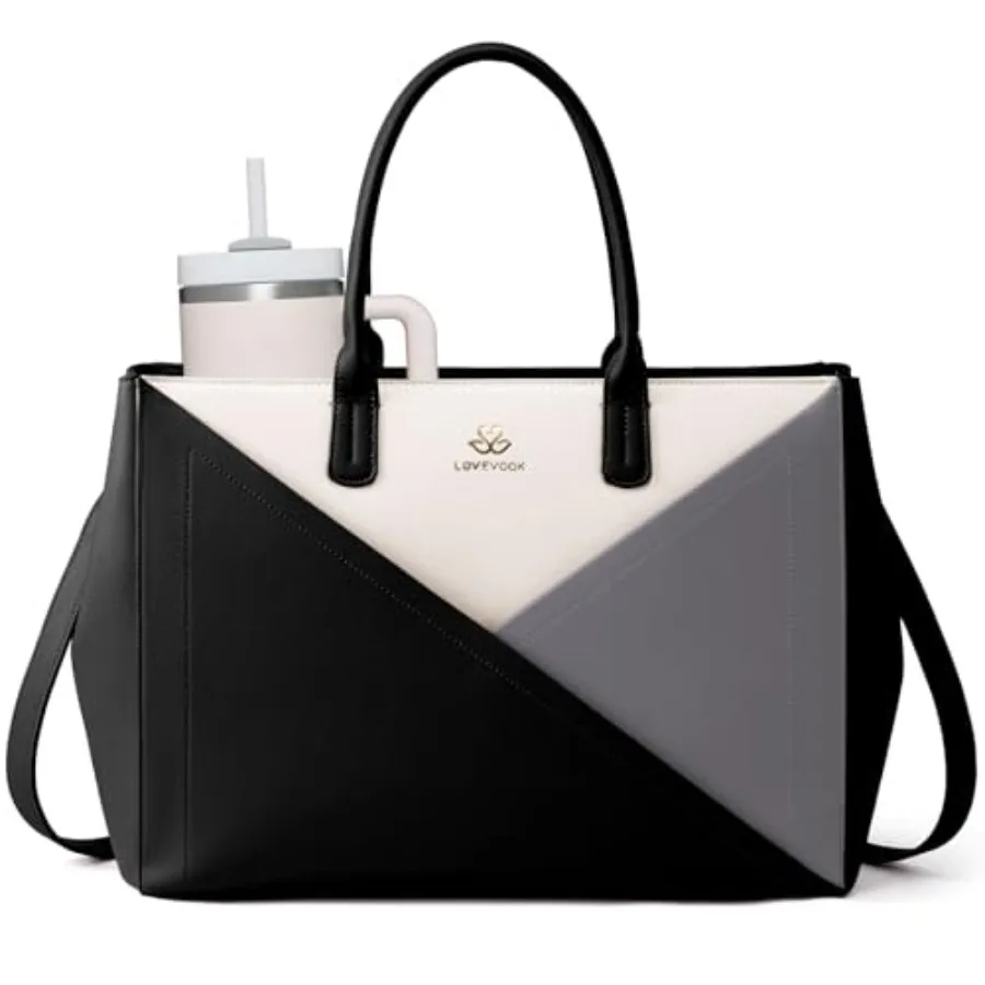 

Laptop Tote Bag for Women with Large Cup Holder PU Leather Work Bag Teacher Tote Bag Waterproof Computer Bags Business Office B