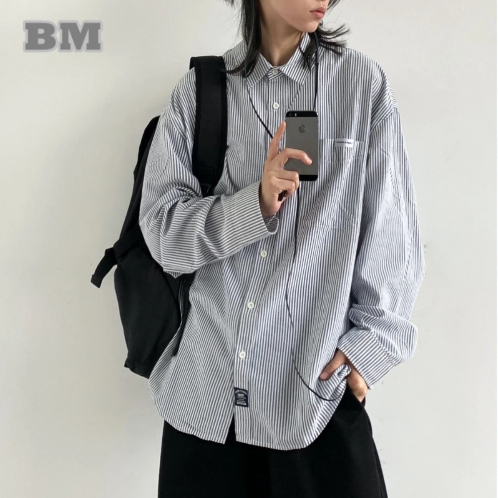 Japanese Vintage Striped Shirt For Men Women Spring Autumn Fashion Loose Long Sleeve Preppy Style Harajuku Casual Coat Unisex