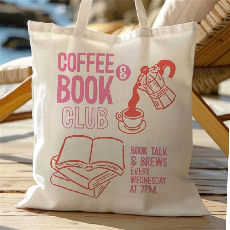 Coffee Books Club Pattern Cartoon Shopping Bag Cute Style Reusable Student Casual Ladies Sweet Trendy Style Canvas Bag Handbag
