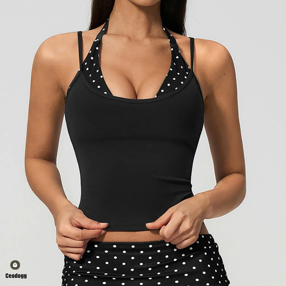 Polka Dot Damen Neckholder-Yoga-BH mit Trägern, stark stützender Sport-BH für Gym, Pilates, Laufen, Workout, Fitness, Sportweste XP204