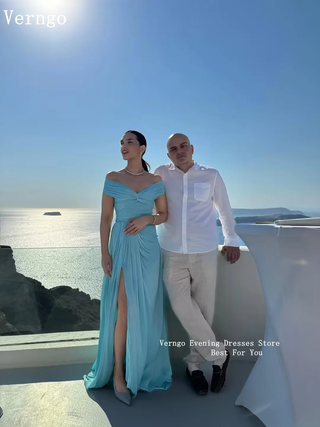 Verngo Turquoise Flowing Chiffon Evening Dress Off The Shoulder A Line Prom Gown Pleated Elegant Beach Party Dresses Customized 3