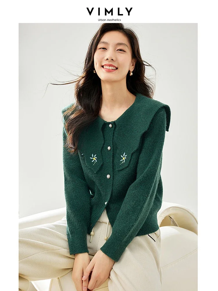 Vimly Green Knitted Cardigan for Women 2024 Spring New Lapel Embroidery Short Sweater Coat High Strecth Female Knitwear 72276