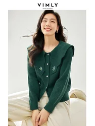 Vimly Green Knitted Cardigan for Women 2024 Spring New Lapel Embroidery Short Sweater Coat High Strecth Female Knitwear 72276