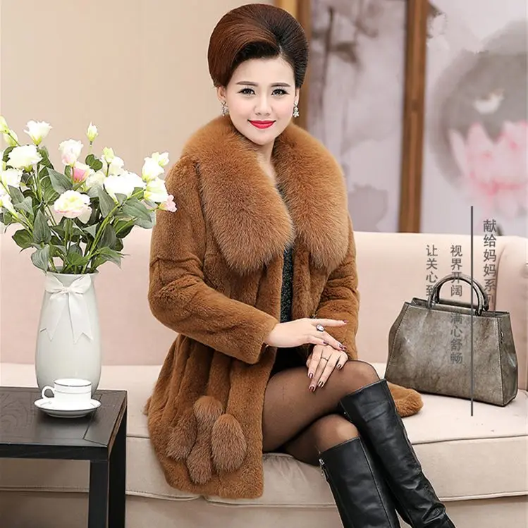 

Mom's Fur Collar Mink Coat Medium Length Thickened Middle-aged and Elderly Women's Autumn Winter Fox Like B44