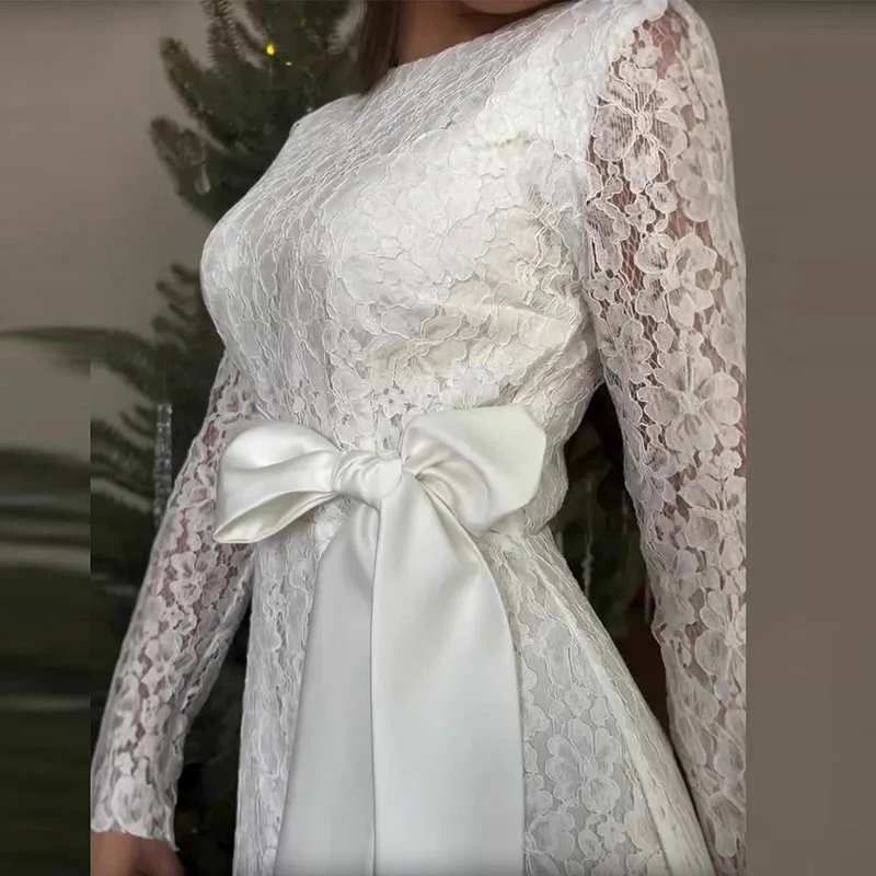 Moda feminina arco manga comprida a linha vestido outono elegante cintura alta robe vestidos senhoras o pescoço renda fino ajuste vestido de festa novo