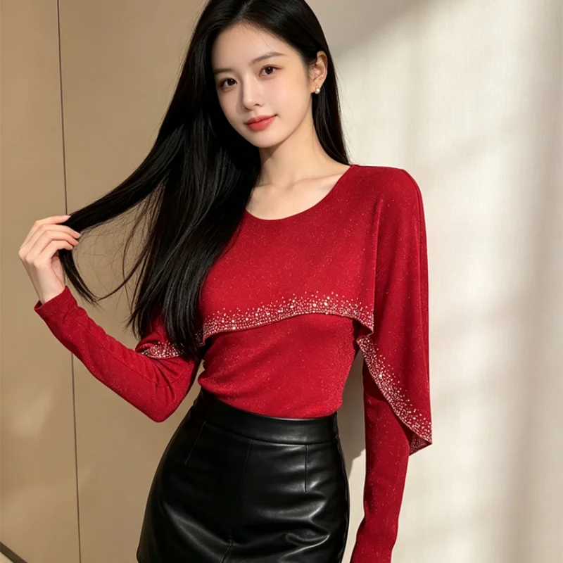 Chic Women Hot Diamond Mesh Top Elegant Ruffle Patchwork Long Sleeve Blouse Slim Fit Trendy Casual Dance T-shirt