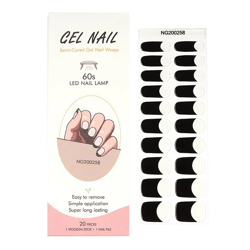 

16/20Tips Semi-Cured Gel Nail Strips Black French Adhesive Full Cover Stickers for Nails UV Lamp Need Press On Nails Manicure