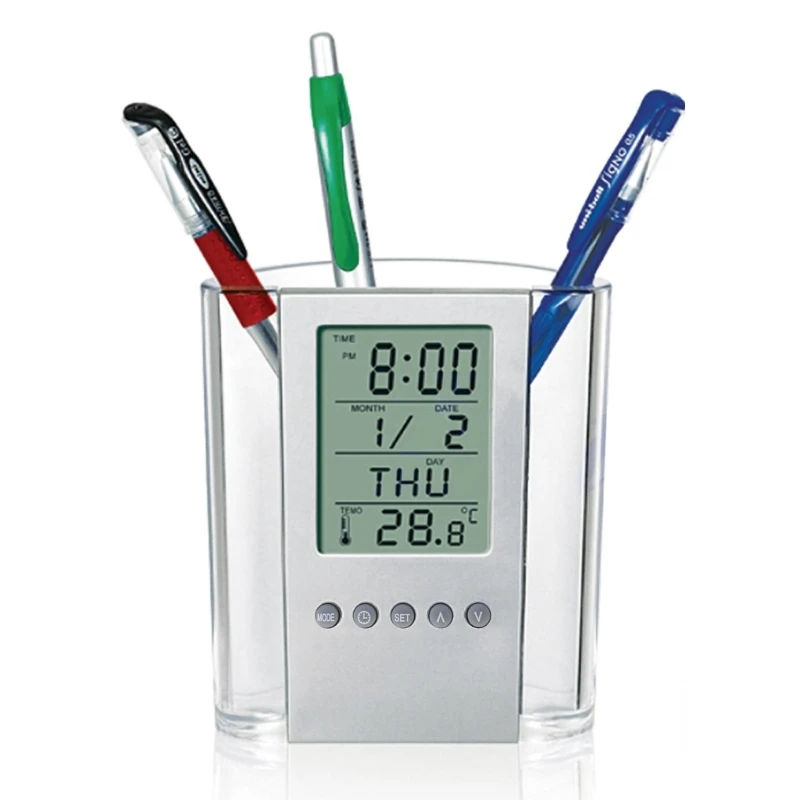 LCD Digital Alarm Clock Desk Pencil Pen Holder Thermometer Calendar