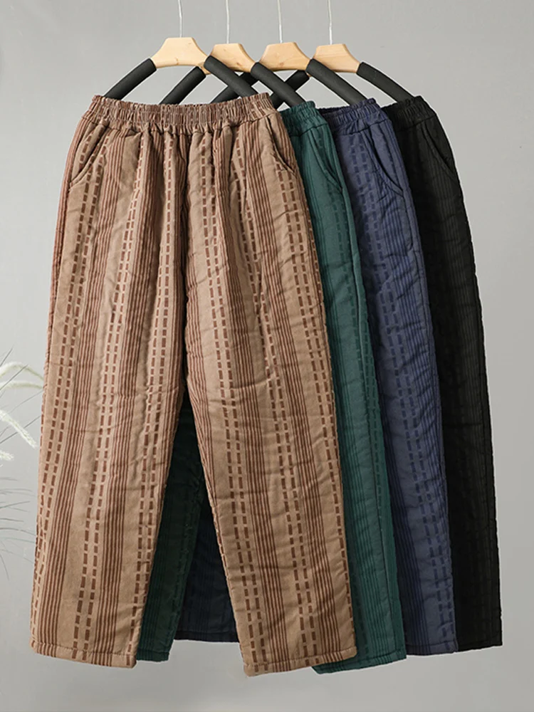 Pantalones acolchados de mediana edad para mamá, ropa de abrigo Vintage, pantalones bombachos acolchados de algodón, pantalones largos informales sueltos a rayas, invierno, 2024