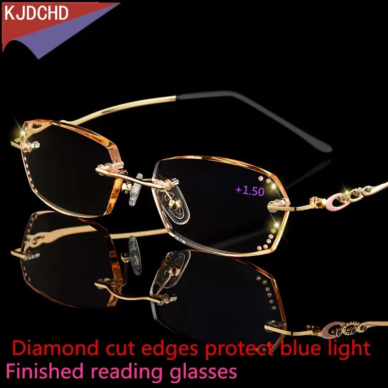 Neue Diamant Trim Rahmenlose Lesebrille Damen Hohe Qualität Mode Marke Luxus Anti-blau Licht Lesebrille für Damen