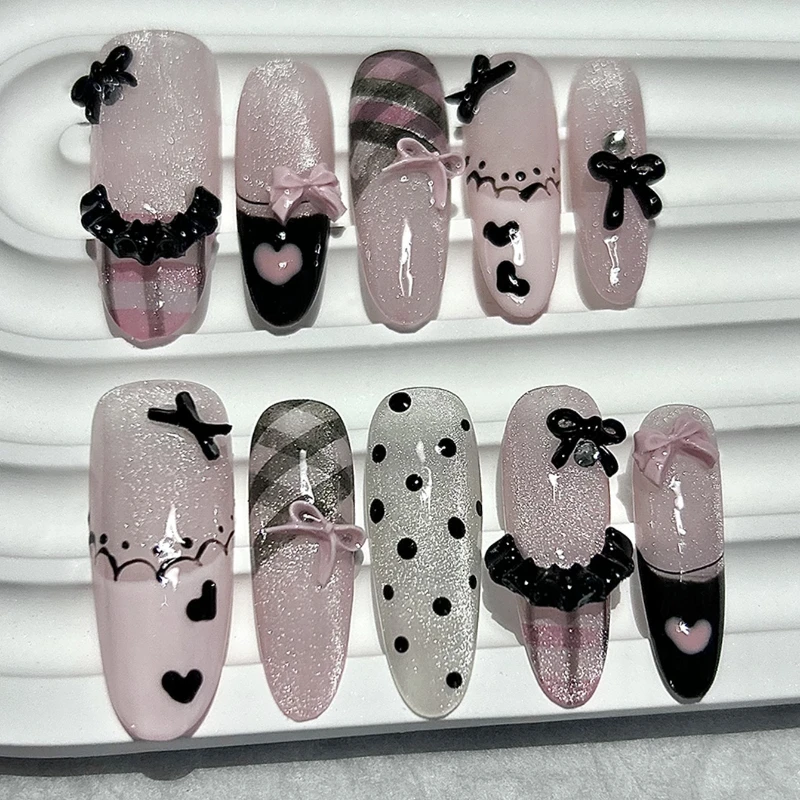 10 piezas negro rosa dulce francés a cuadros amor hecho a mano prensa en las uñas ballet princesa lindo arco uñas postizas removibles reutilizables