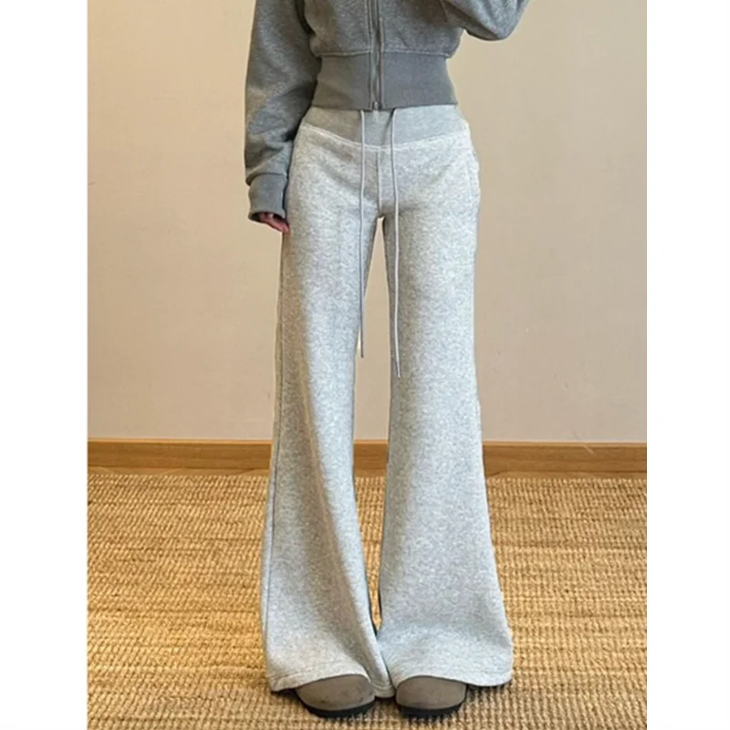 

Женские расклешенные брюки с высокой талией, уличные однотонные свободные спортивные узкие брюки на шнурке, женские корейские спортивные штаны, брюки