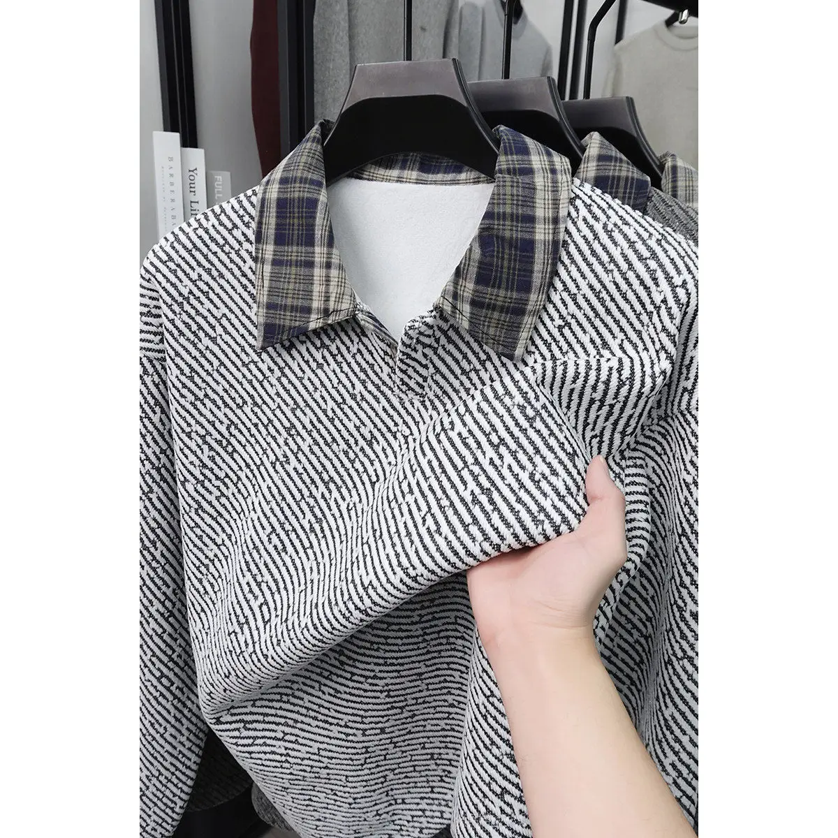 

New irt Men's Collared Long Sve Spring Autumn Base Layer Top Youth Spring Faion Trend Plaid Sweatirt