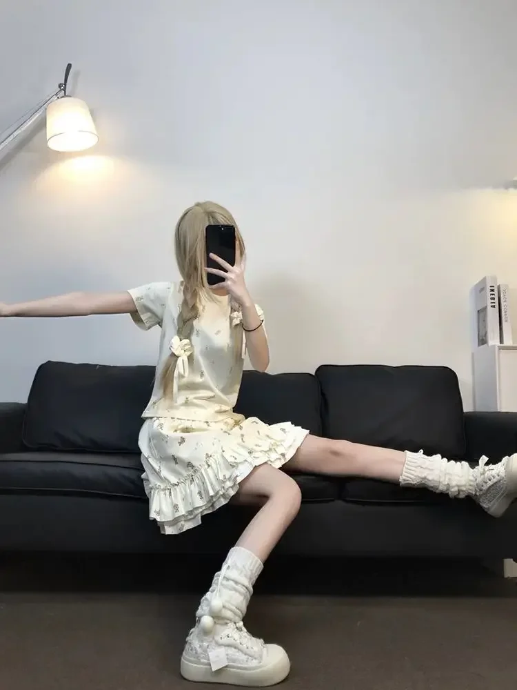 Mini jupe à volants imprimée ours mignon pour femmes, Style japonais, taille haute, ligne a, moelleuse, jupe gâteau, douce, Y2k, été