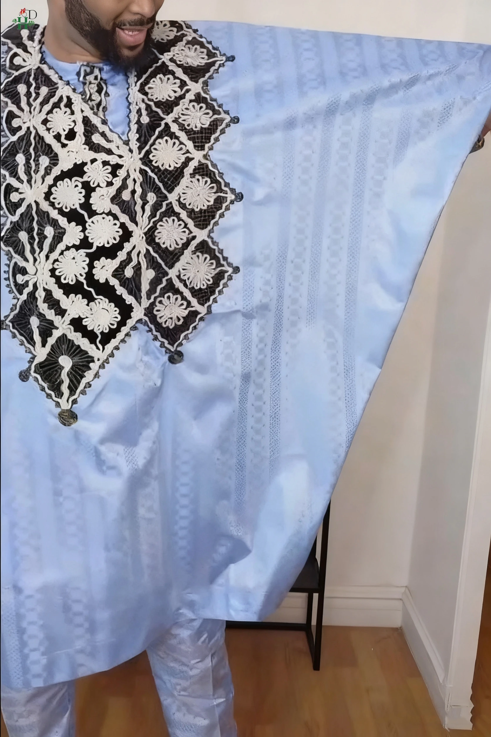 H & D الملابس الأفريقية للرجل مجموعات Agbada التقليدية 3 قطعة الأزرق رداء بانت بازان الثراء المطرزة حفل زفاف الدعاوى حجم كبير #3
