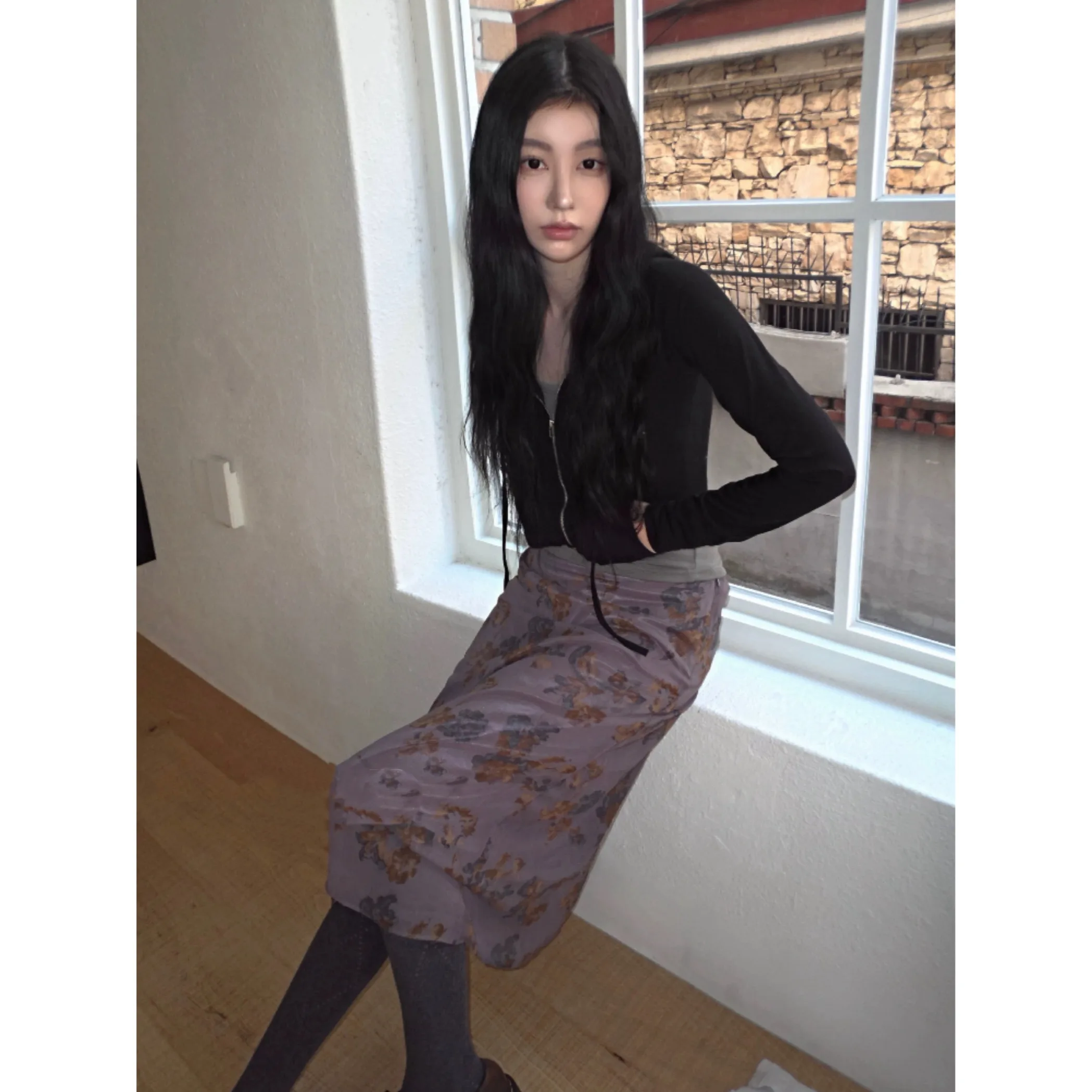 Retro Spring Summer Rose Floral Print Chiffon Midi Skirt Elastic Waist Half-length Skirt Women's Fashion Summer 2026