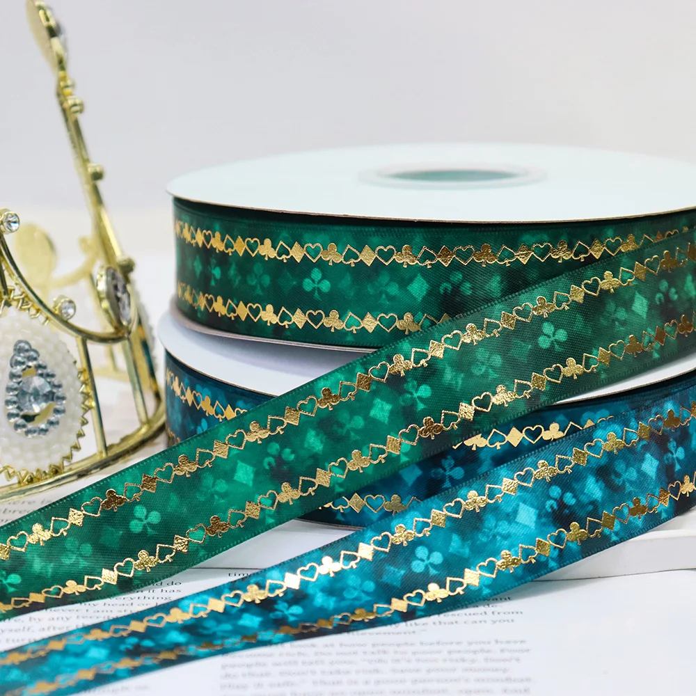 1\'\' 25mm Gold Foil Poker Spade Heart Diamond Club Printed Polyester Satin Ribbon For Gift Packaging DIY Sewing Accessories