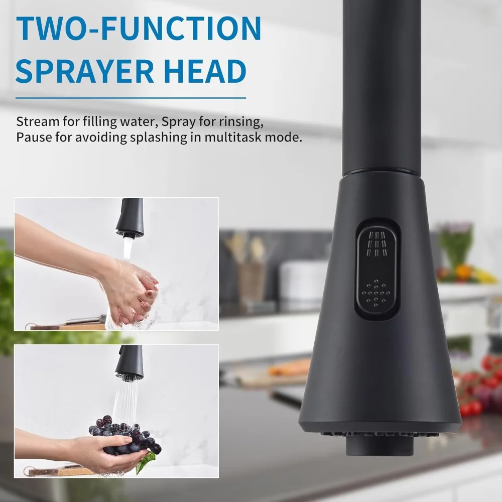 2-Handle Kitchen Faucet, 8-Inch 360° Rotating Pull-Down Sprayer (3-Hole), Centerset with Lines, Matte Black