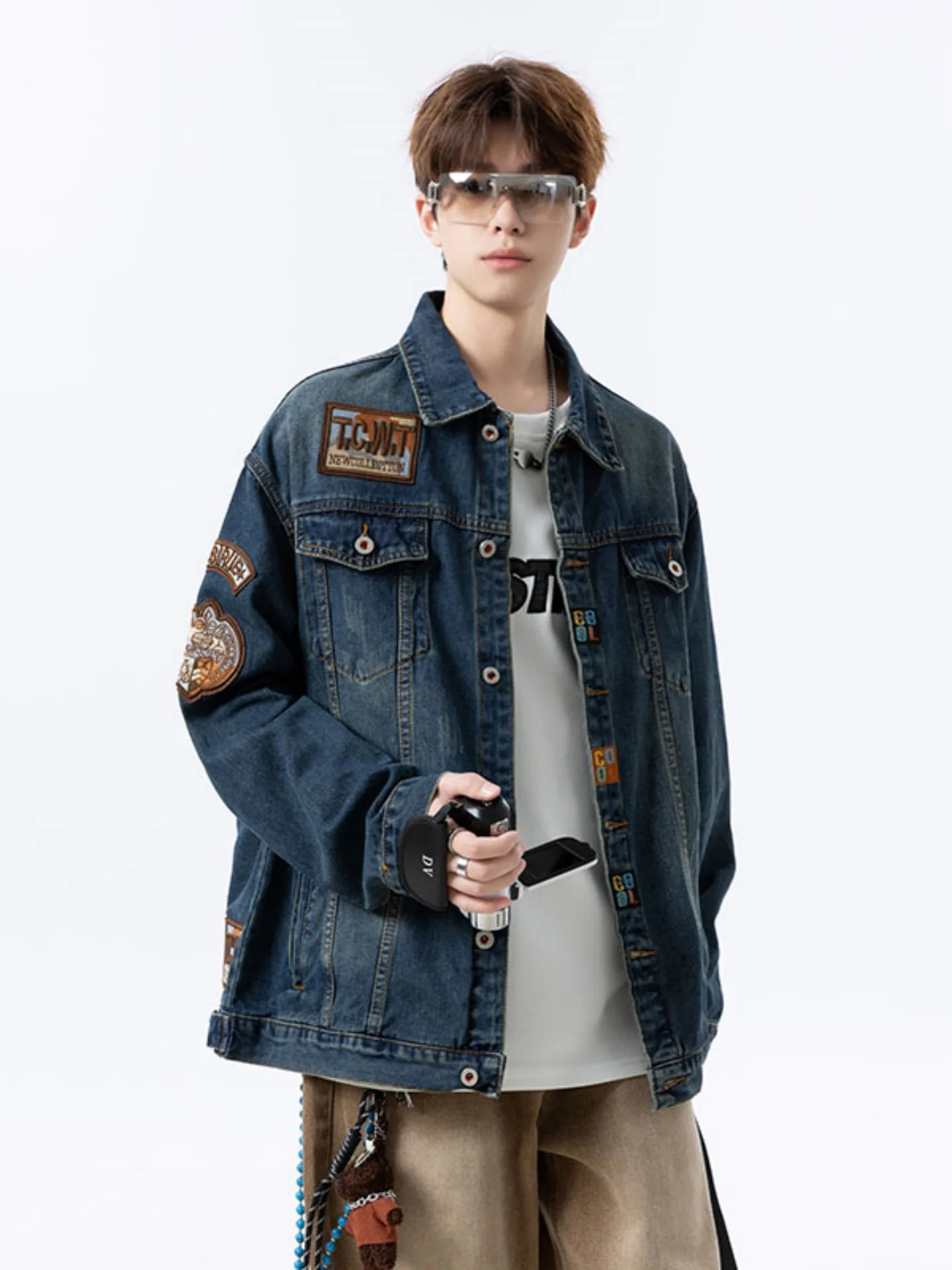 

Retro American Sle Embroidered Denim Jaet for Men Spring New Loose Fit Collared irt Casual Workwear Outerwear