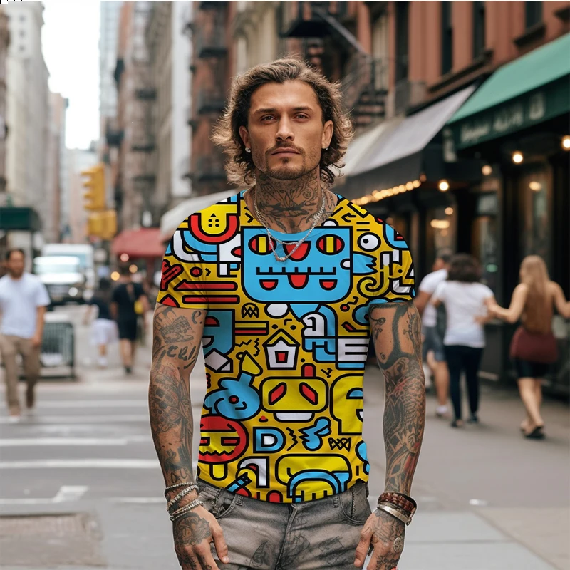 Summer new men's T -shirt color stitching machine 3D print men's T -shirt casual men's T -shirt trend fashion men's T -shirt