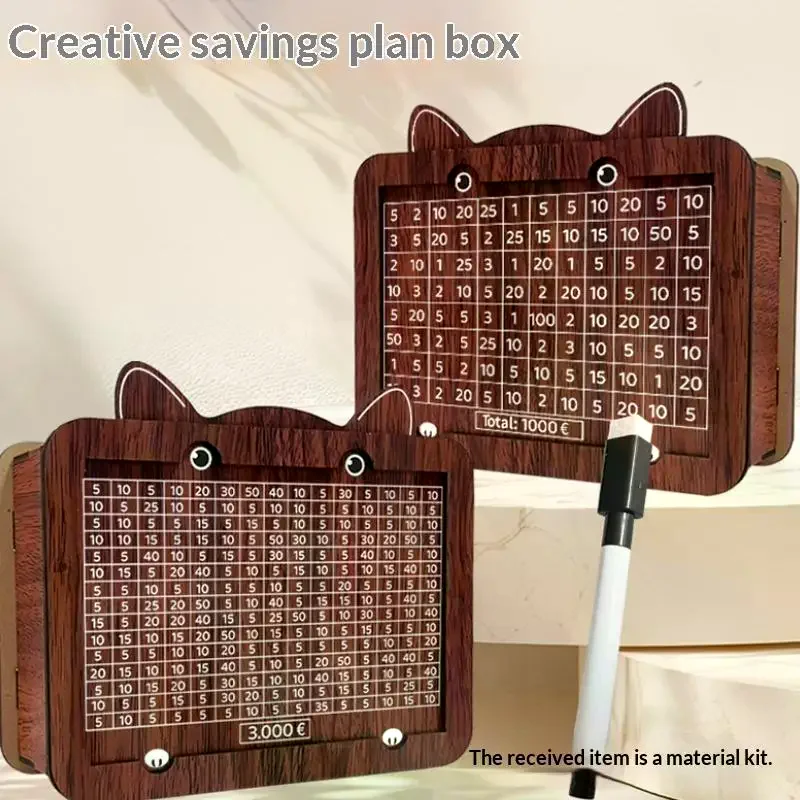 Euro Money Box Cute Cat Wooden Piggy Bank Reusable Money Vault Savings Box Challenge Cash Storage Case 1000/5000/10000