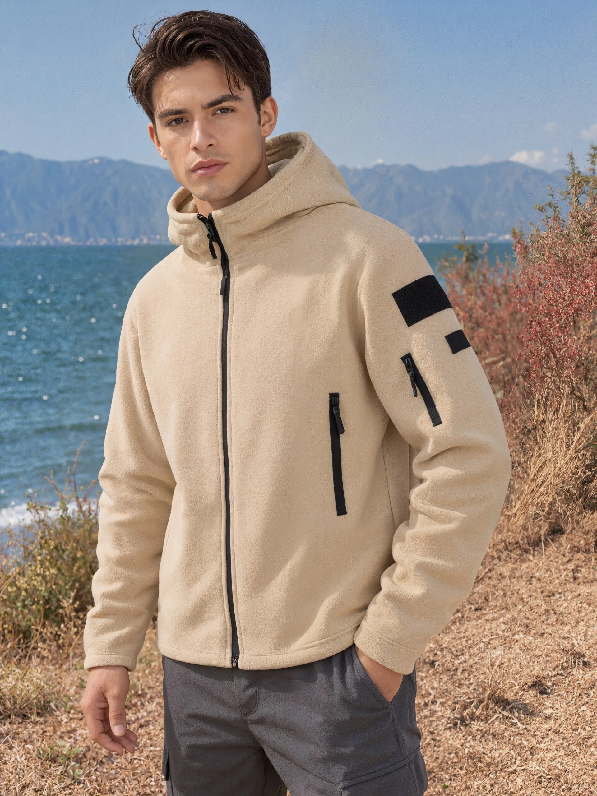 Men All Season Hooded Zip Jacket Functional Multi Pockets Hooded Outerwear For Camping Walking And Daily Outing