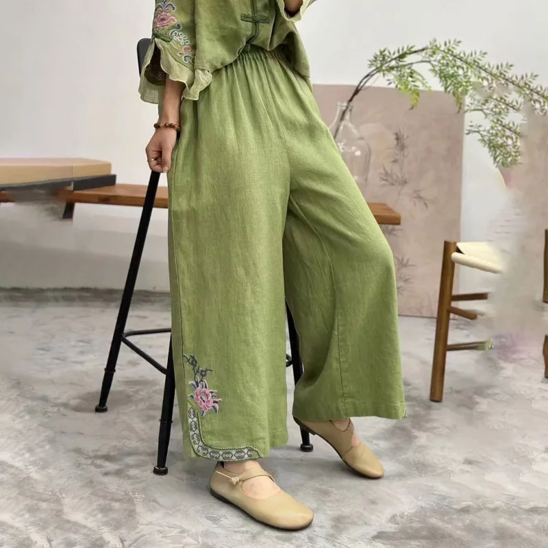 Embroidered Cotton and Hemp Summer Ethnic Style Leisure Art Retro Splicing High Waist Loose Solid Color Loose Wide Leg Pants