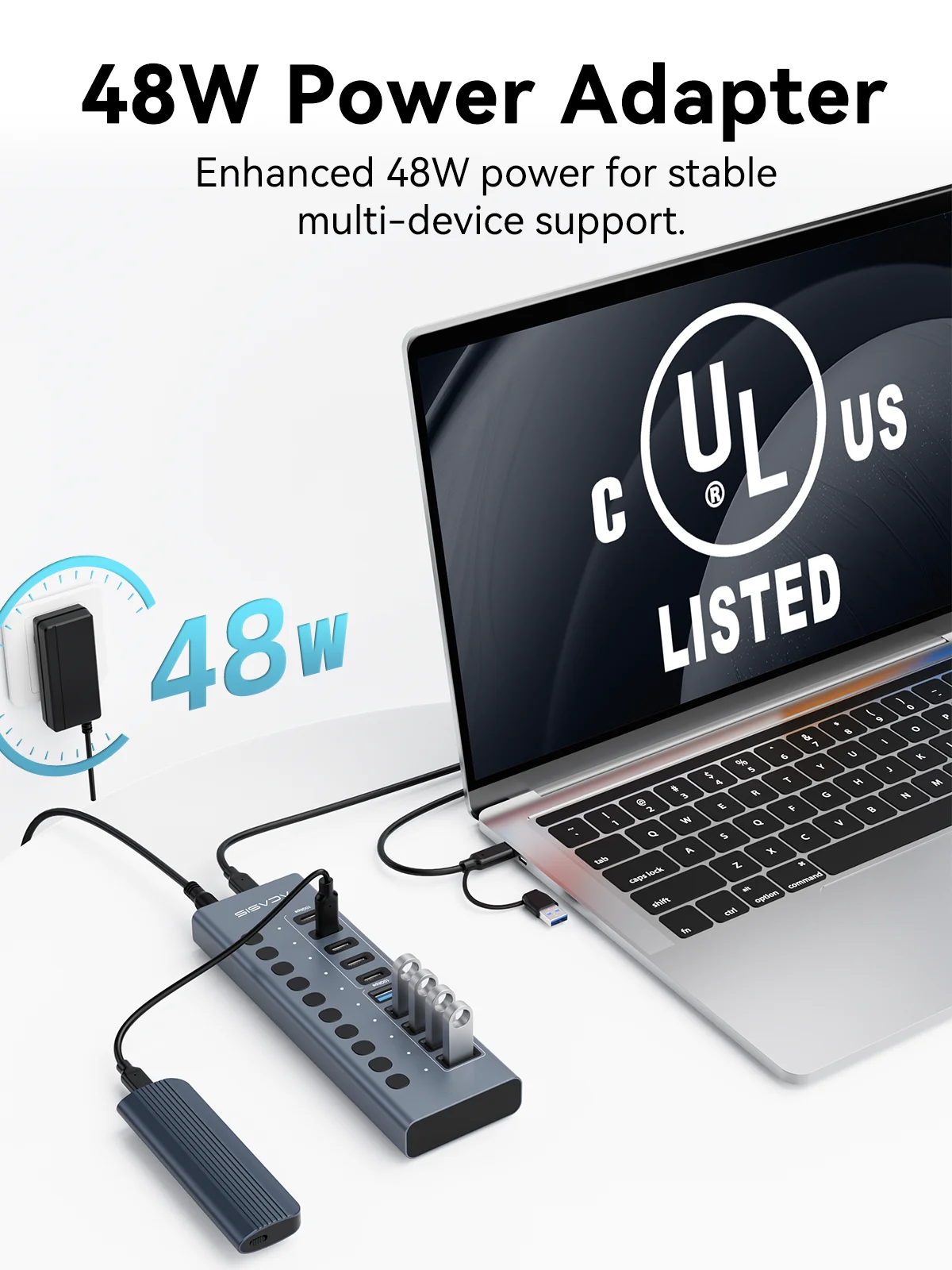ACASIS 10Gbps 10/16 Portowy Hub USB 3.2 z Zasilaniem, Aluminiowy Rozszerzacz USB 3.2 Type-C Gen2 z Indywidualnymi Przełącznikami Włącz/Wyłącz — zdjęcie produktu 5
