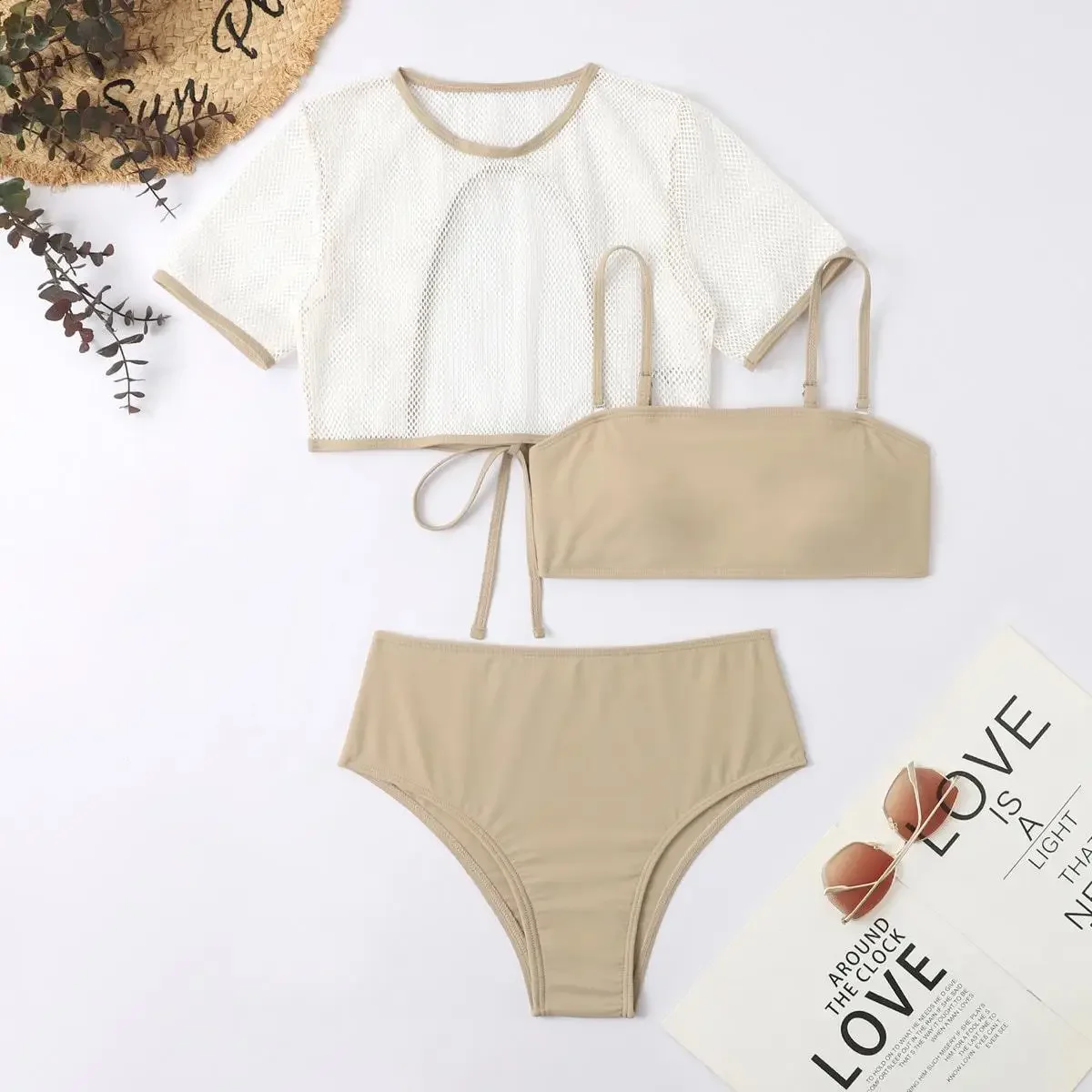 2025Sexy Bandeau manches courtes Bikini femmes maillots de bain femme maillot de bain 3 pièces Bikini ensemble taille haute baigneur maillot de bain piscine