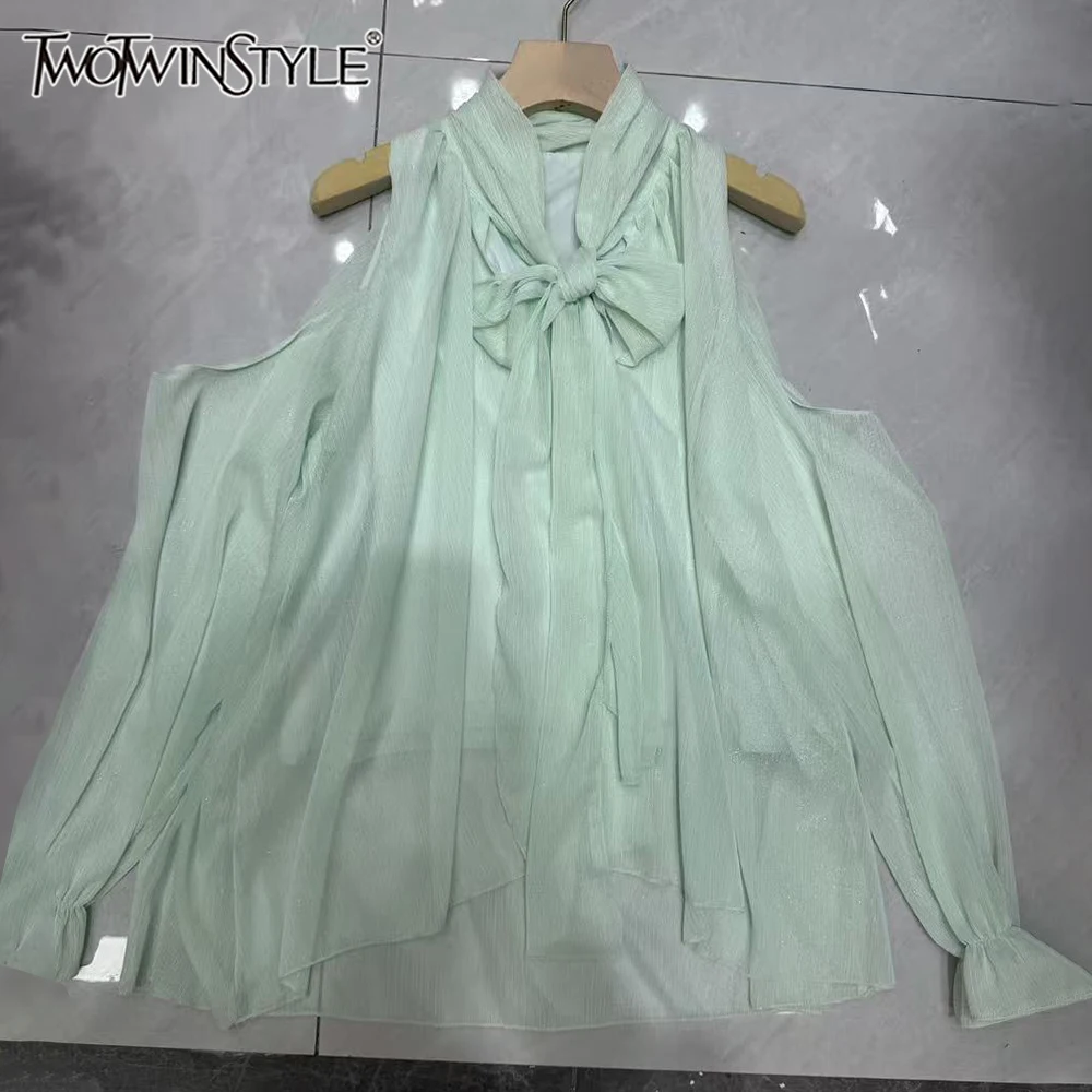 

TWOTWINSTYLE Loose Solid Shirts for Women Turtleneck Long Sleeve Spliced Lace Up Summer Elegant French Shirt Female KBL562588