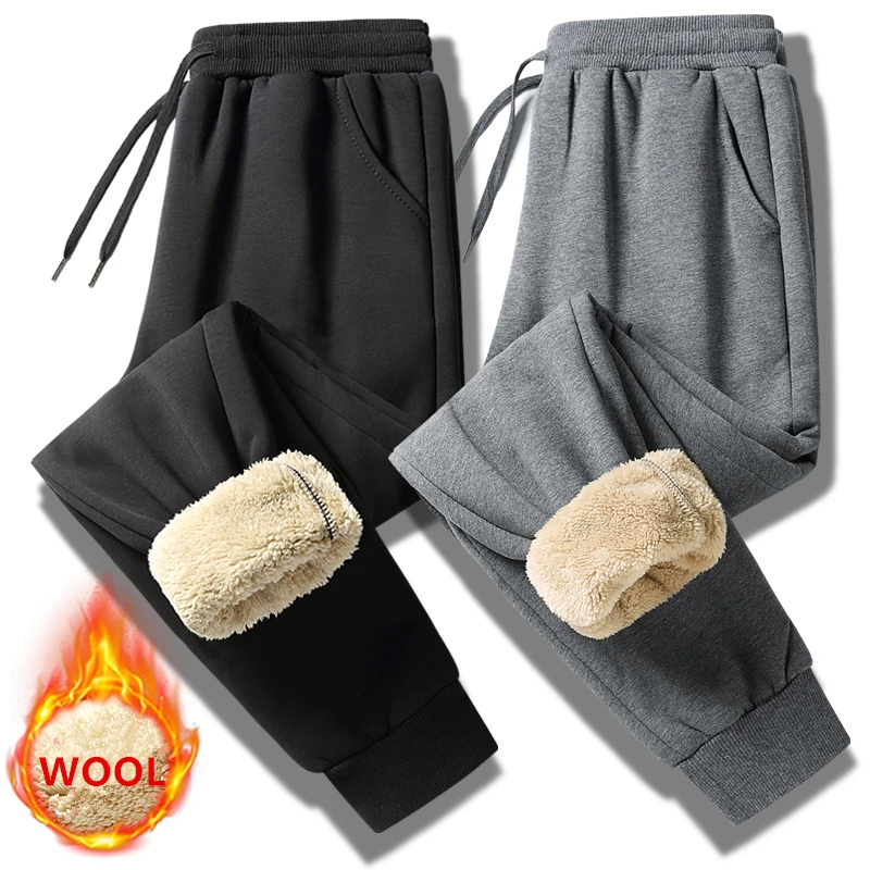 Mens Cashmere Sweatpants Winter Warm Lamb Wool Trousers for Male Lined Fleece Pants Mens Autumn and Winter Casual Joggers Pants