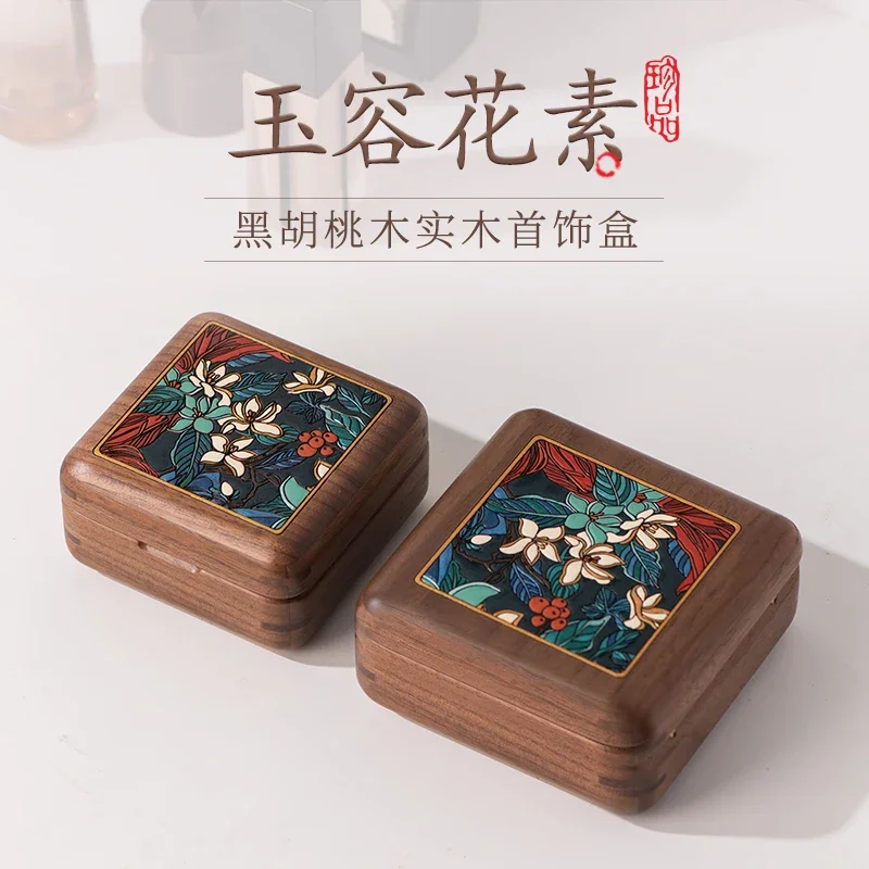Retro Style Jewelry Box with Traditional Chinese Painting, Handmade Walnut Wood Storage Box for Earrings, Necklace, Home Decor