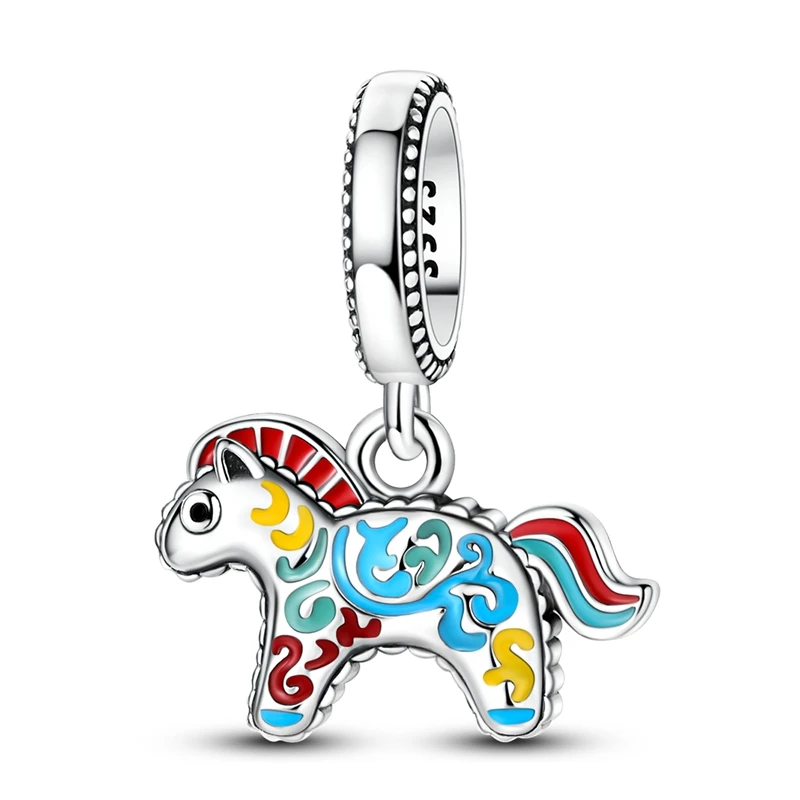 

New 925 Sterling Silver Colorful Little Horse Charm Pendant Fit 3mm Original Bracelet DIY Women Exquisite Birthday Jewelry Gifts