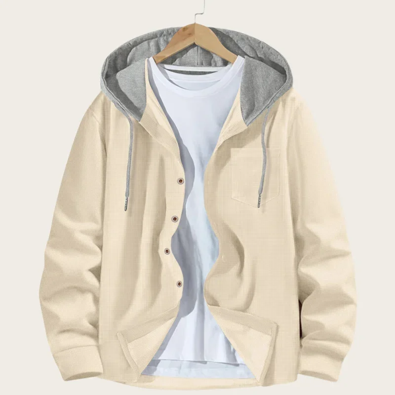 Koreanische Waffel-Kapuzenjacken für Herren, Frühling und Herbst, Kontrastfarbe, einreihige Kapuzenjacken, atmungsaktive, lässige, leichte Jacke – Detail 9