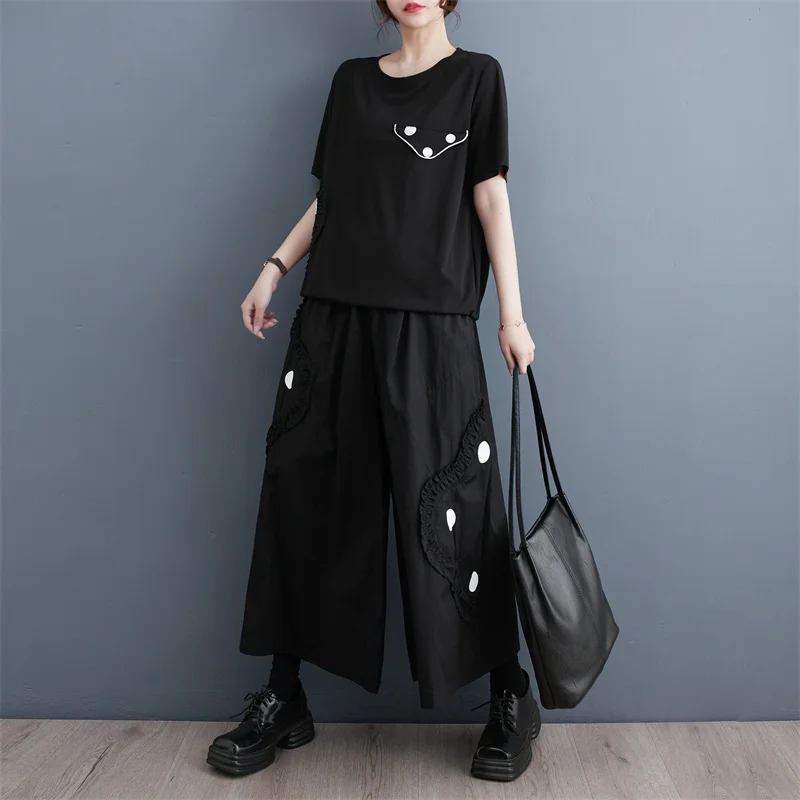 #2709 Summer Black Two Piece Set Top And Pants Short Sleeve T Shirt And Wide Leg Pants Loose Vintage Split Joint 2 Piece Outfits