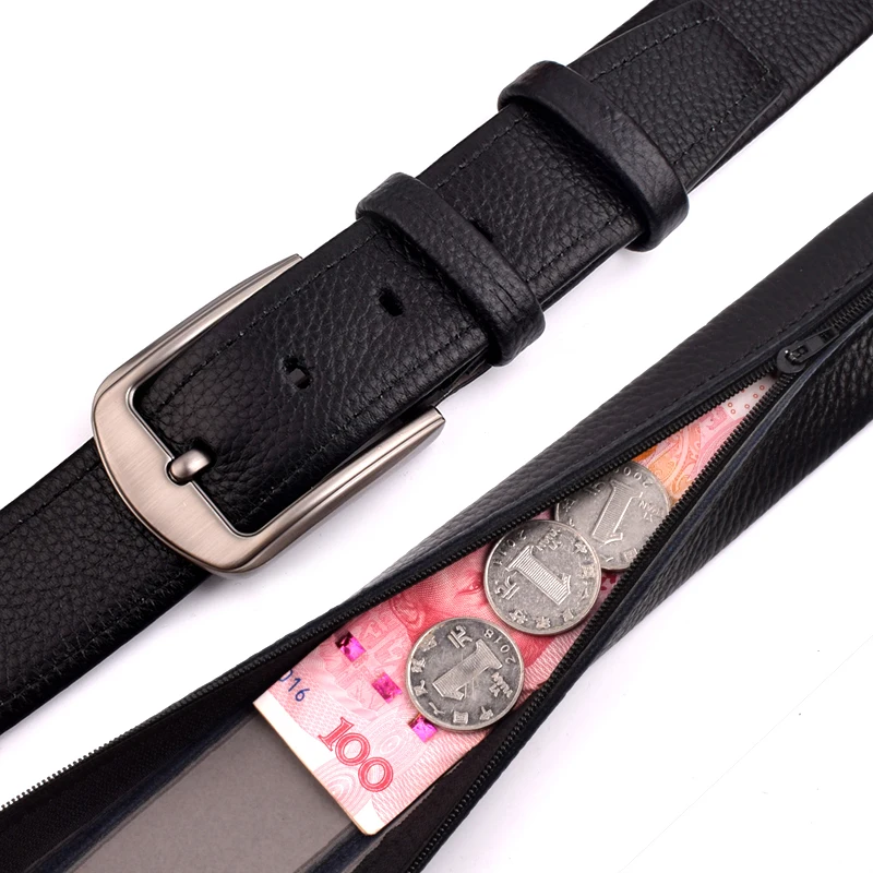 Black Genuine Leather Belt Travel Cash Anti Theft Belt Outdoor Hidden Money Belt Pin Buckle Stealth Zipper Secret Pocket Belt