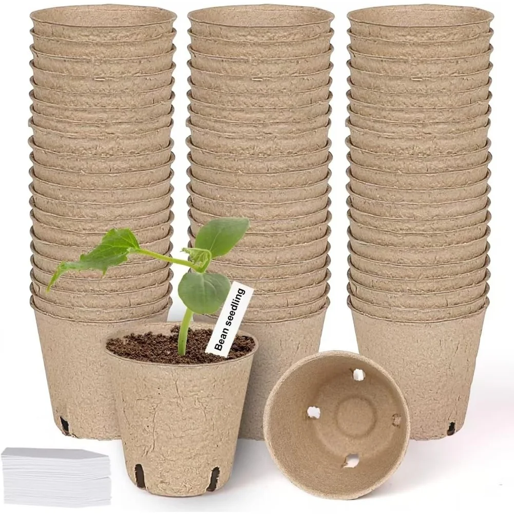 60pcs Biodegradable Paper Plant Pots with Ventilation Holes and 50 White Labels for Moisture Control and Growth