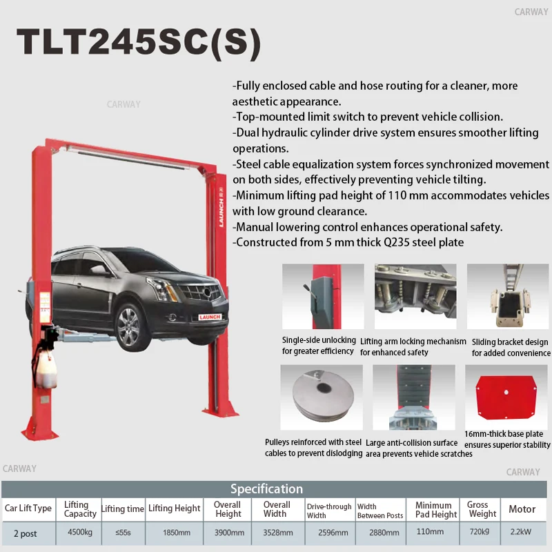TLT245SCS 4.5 Tons Hydraulic 2 Post Car Lift With 4500kg Trunk Lift Weight Single Side Unlock Safty Design