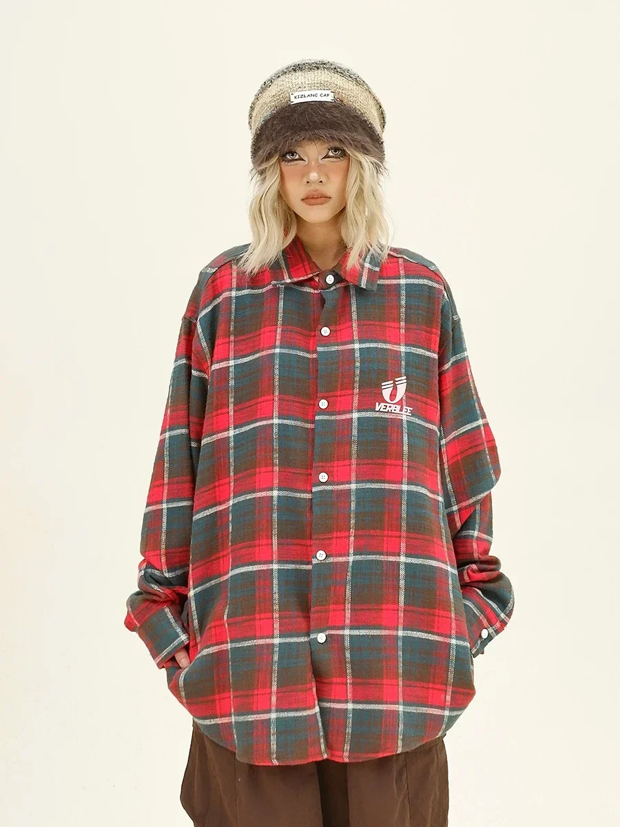 Digital Plaid Long-sleeved Shirts 2024 Autumn New Loose Bf American Street Hip-hop Top Women