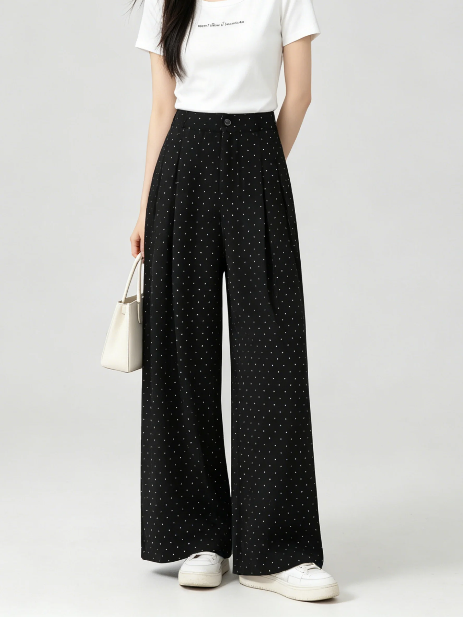 Korean Style Casual Pants Polka Dot Drape Elastic Waist Loose Fit Summer Lazy Slimming Long Pants Comfortable Breathable