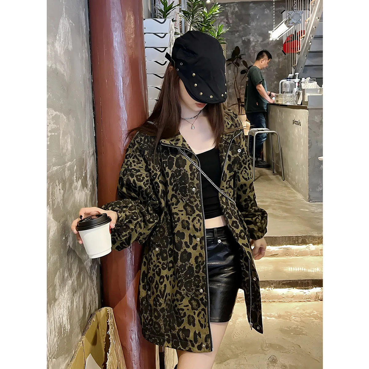 Vintage Leopard Jackets Zipper Coat Streetwear 2024 Harajuku Hip Hop Oversized Jacket Outwear for Women and Men