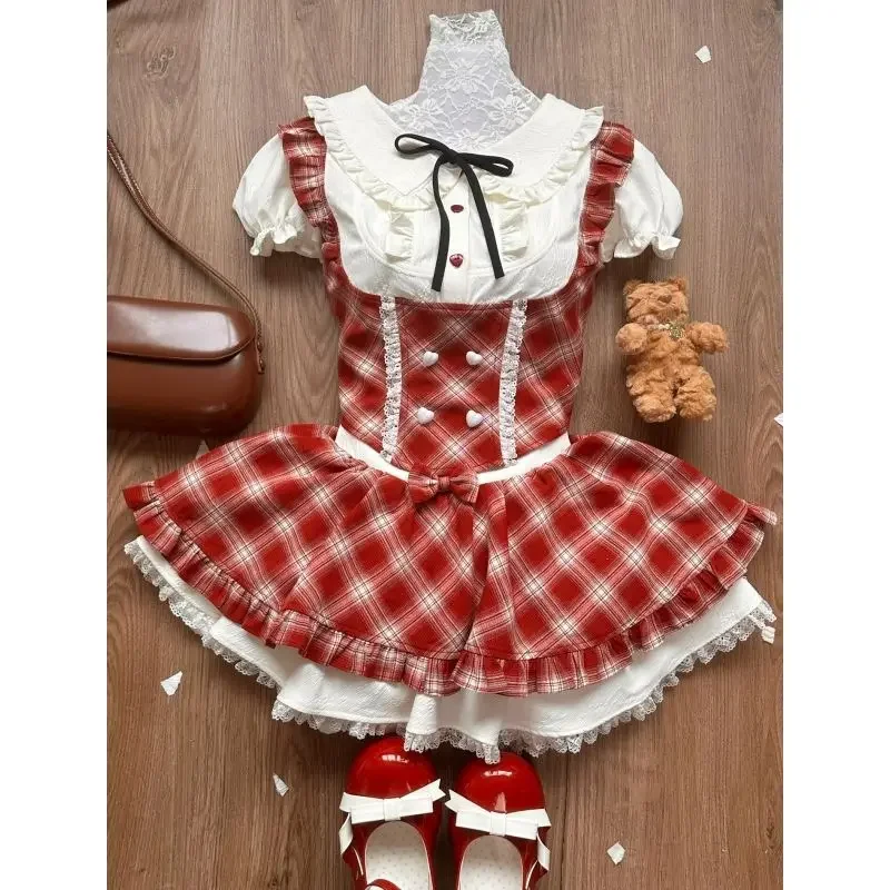 2 Piece Sets Women Kawaii White Shirts Sweet Elegant Lolita Style Cute Love Button Bow Plaid Dresses Japanese Fashion Skirt Suit